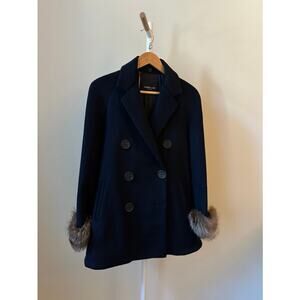 Derek Lam Collection Navy Wool Coat with Raccoon Fur Cuffs, Size 0